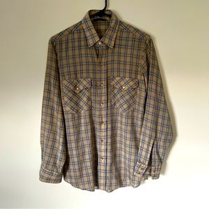 VTG Lee Pearl Snap Lightweight Plaid Long Sleeved Beige/Blue Shirt Size M